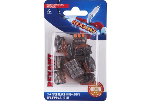 Изображение товара Розеточная клемма Rexant 06-0204-B10 3-проводная прозрачная для медных проводов