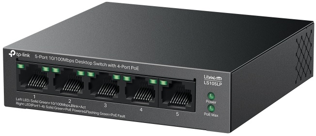 

Коммутатор неуправляемый TP-LINK LS105LP 5х10/100BASE-TX (4 порта PoE), настольный, стальной корпус, LS105LP