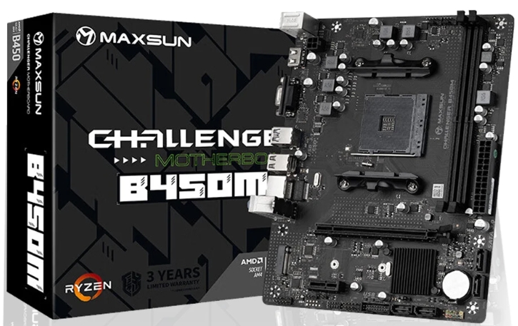 

Материнская плата mATX MAXSUN Challenger B450M (AM4, AMD B450, 2*DDR4 (3200), 4*SATA 6G RAID, M.2, 2*PCIE, Glan, VGA, HDMI, 2*USB 3.2, 2*USB 2.0) RTL, Challenger B450M