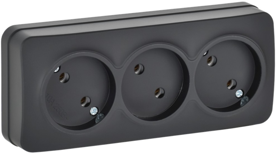 

Розетка без заземления IEK ERH30-K02M-10 GLORY 3-местная для открытой установки без защитных шторок 10А РС23-2-ХЧм черный матовый, ERH30-K02M-10