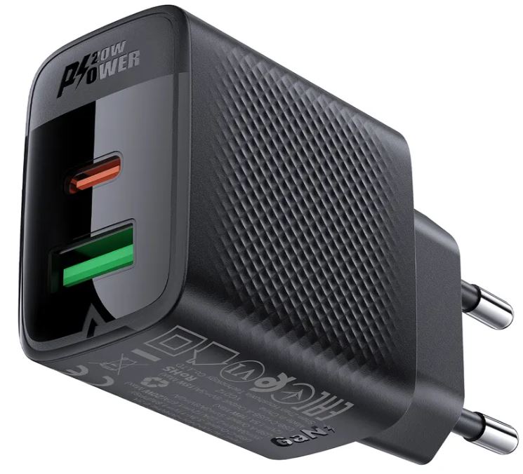 

Зарядное устройство сетевое ACEFAST A78 PD20W GaN USB-A+USB-C charger (EU). Цвет: черный, A78
