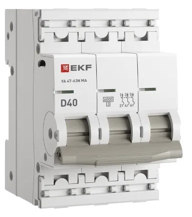 

Автоматический выключатель EKF M63MA6340D ВА 47-63N MA 3P 40А (D) 6кА без тепл. расцепит. PROXIMA, M63MA6340D