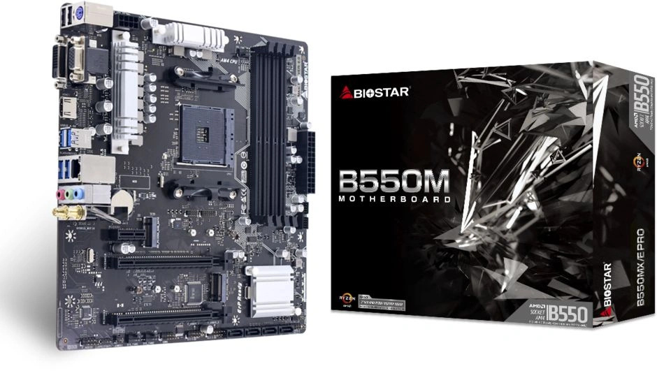 

Материнская плата Biostar B550MX/E PRO (AM4, AMD B550, 4*DDR4 (3200), 2*PCIe, 2*M.2, 4*SATA, 2*USB 2.0, 4*USB 3.0, VGA, HDMI, DVI), B550MX/E PRO