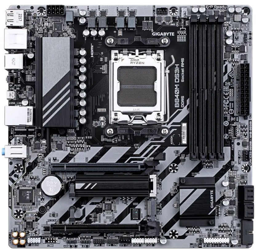 

Материнская плата mATX GIGABYTE B840M DS3H (AM5, AMD B840, 4*DDR5 (8200), PCIe, 2*M.2, 4*SATA, 3*USB 3.2, 4*USB 2.0, HDMI, DP), B840M DS3H
