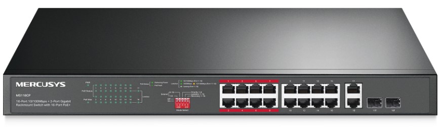 

Коммутатор Mercusys MS118CP 16-Port 10/100Mbps + 2-Port Gigabit Rackmount Switch with 16-Port PoE+, MS118CP