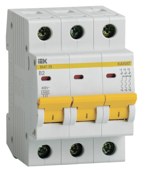 Изображение товара Автоматический выключатель IEK MVA20-3-002-B 3 полюса 400 В 2 А IP20 KARAT