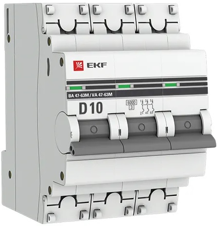 

Автоматический выключатель EKF mcb4763-6-3-10D-pro 3P 10А (D) 6кА ВА 47-63, mcb4763-6-3-10D-pro