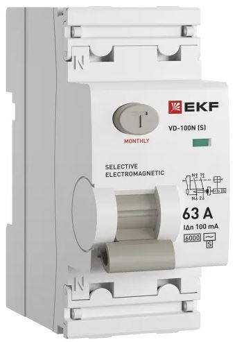 

УЗО EKF E1026MS63100 ВДТ ВД-100N (S) 2P 63А 100мА AC эл-мех 6кА PROXIMA, E1026MS63100