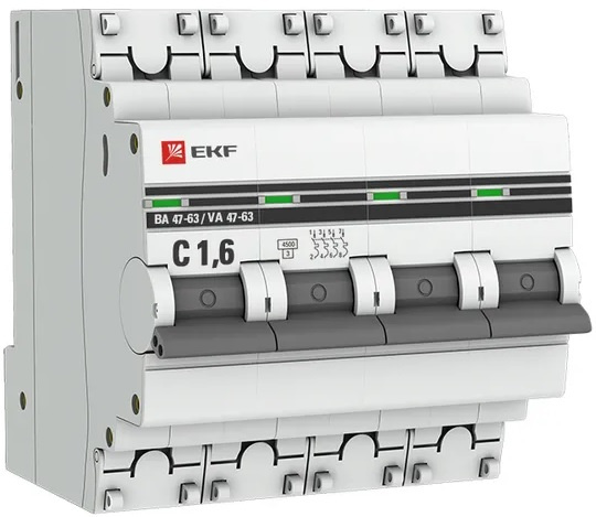 Изображение товара Автоматический выключатель EKF mcb4763-4-1.6C-pro 4-полюсный IP20 защита от короткого замыкания