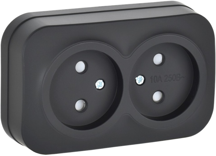 

Розетка двухместная без заземления IEK ERH23-K02M-10 GLORY для открытой установки с защитными шторками 10А РСш22-2-ХЧм черный матовый, ERH23-K02M-10