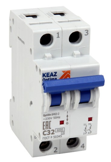 Изображение товара Модульный автоматический выключатель КЭАЗ 2 полюса 6 кА 2 А