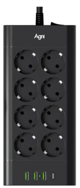 Изображение товара Сетевой фильтр AGNI TP-FA4U8E-C-2m-black с USB и защитой