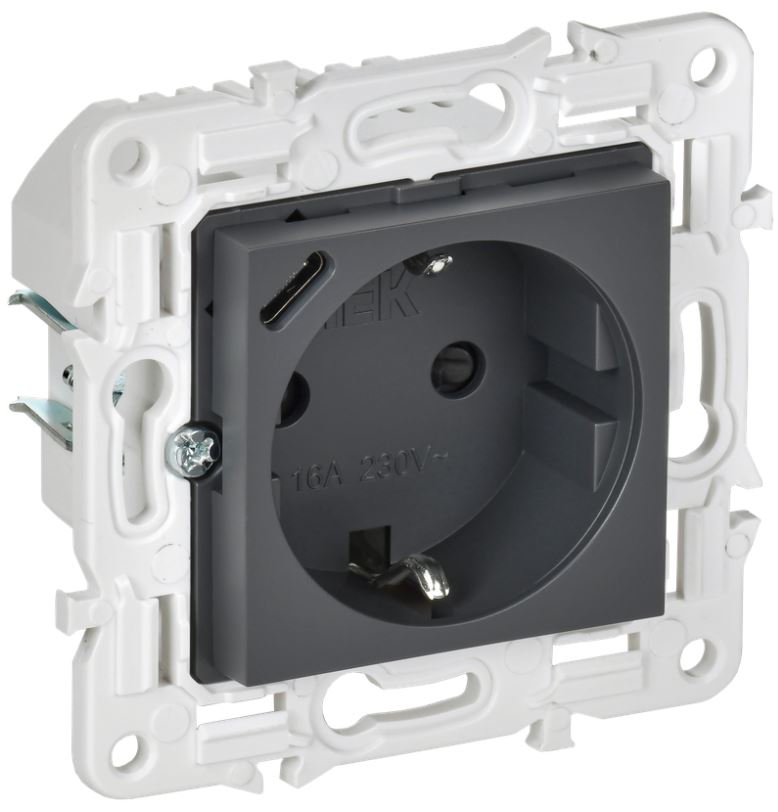 

Розетка с заземлением IEK SK-R14-16-U14-018-K48 SKANDY с защитными шторками 16А с USB C 18Вт SK-R17T Титан, SK-R14-16-U14-018-K48