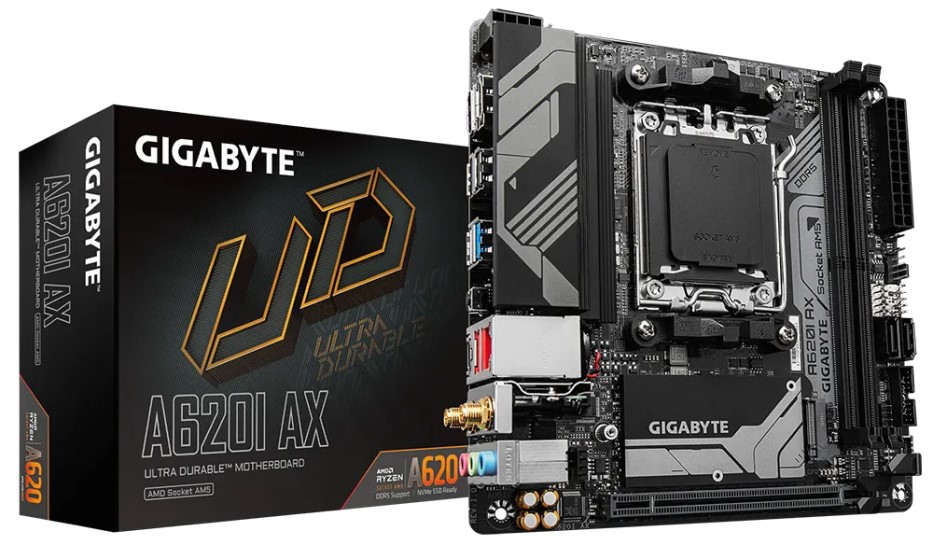 

Материнская плата mini-ITX GIGABYTE A620I AX (AM5, AMD A620, 2*DDR5 (6400), 2*SATA 6G RAID, M.2, PCIE, 2.5Glan, WiFi, BT, HDMI, DP, USB Type-C, 2*USB, A620I AX