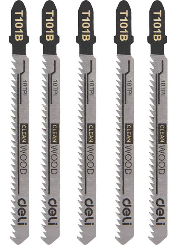 

Набор пилок Deli DH-QJT010-E3 для электролобзика (5шт) по металлу тип T101B, 10TPI, 74мм, DH-QJT010-E3