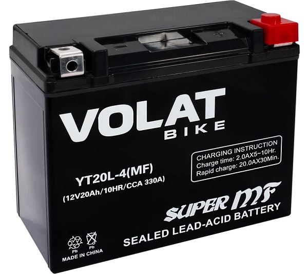 

Батарея VOLAT YT20L-4(MF)Volat (20 Ач, 12 V) Обратная, R+ 177x88x155 (для мототехники), YT20L-4(MF)Volat