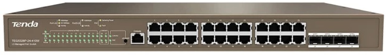 

Коммутатор Tenda TEG5328P-24-410W Layer 3, 24-PoE, 24-1GbE, 4-SFP, SNMP, telnet, Web, CLI, в стойку, серый, TEG5328P-24-410W