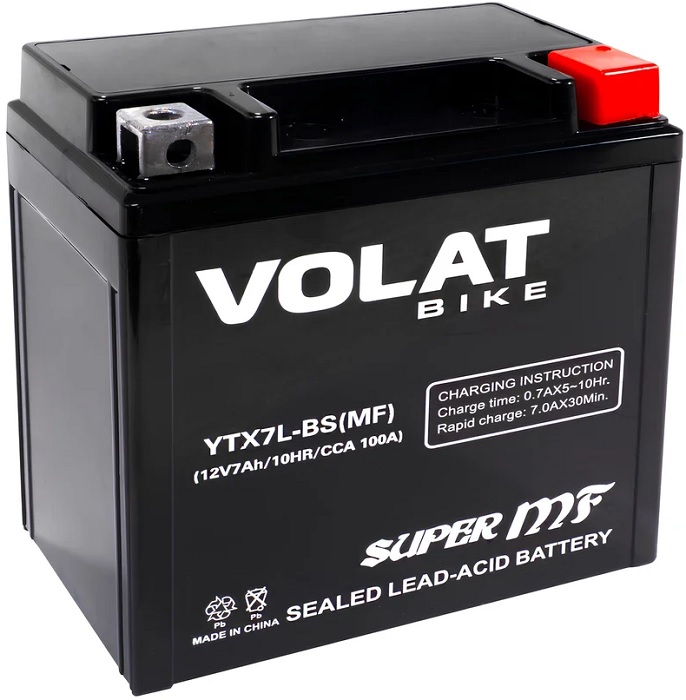 Батарея VOLAT YTX7L-BS(MF)Volat (7 Ач, 12 V) Обратная, R+ 113x70x131 (для мототехники)
