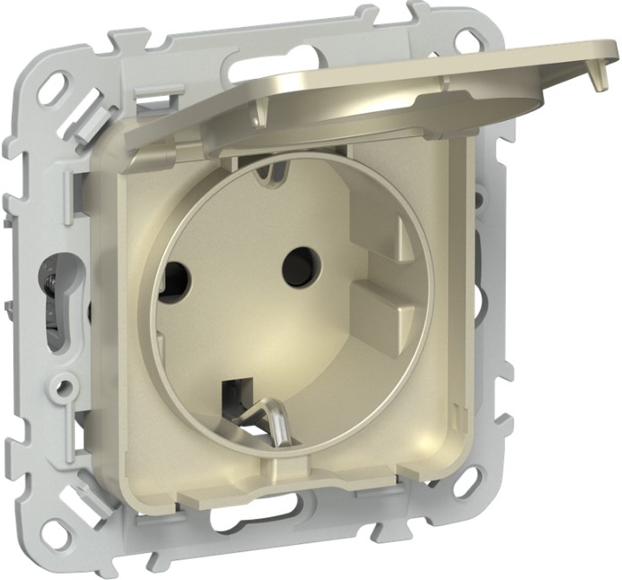 

Розетка с заземлением IEK FI-R16-16-1-44-K37 FLITE с защитными шторками и крышкой безвинтовое крепление 16А IP44 РСшкр11-1-44-ФлШ шампань, FI-R16-16-1-44-K37