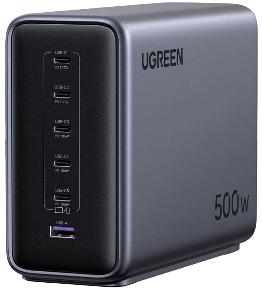 

Зарядное устройство сетевое UGREEN X759 55550B 500W 6-Port 1*USB-A&5*USB-C GaN Desktop Fast Charger EU: серый космос, X759
