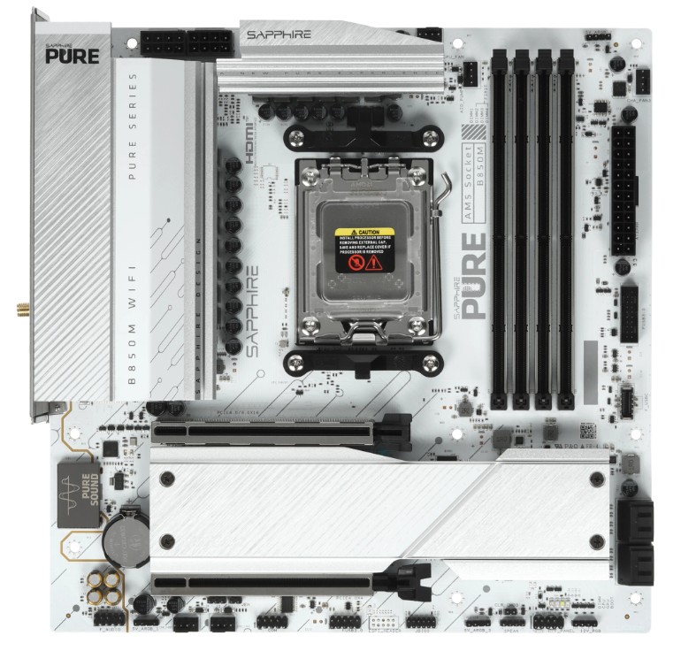 

Материнская плата mATX Sapphire B850M PURE WIFI 52123-02-40G (AM5, AMD B850, 4*DDR5, 2*PCIe, 2*M.2, WiFi, BT, 2*USB Type-C, 2*USB 3.2, 6*USB 2.0, 4*SA, B850M PURE WIFI