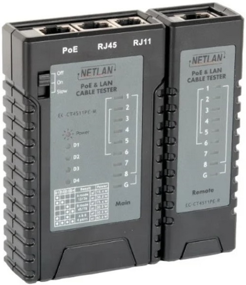 

Кабельный тестер Netlan EC-CT4511PE UTP/STP, RJ11, RJ12, RJ45 с функцией определения PoE, EC-CT4511PE