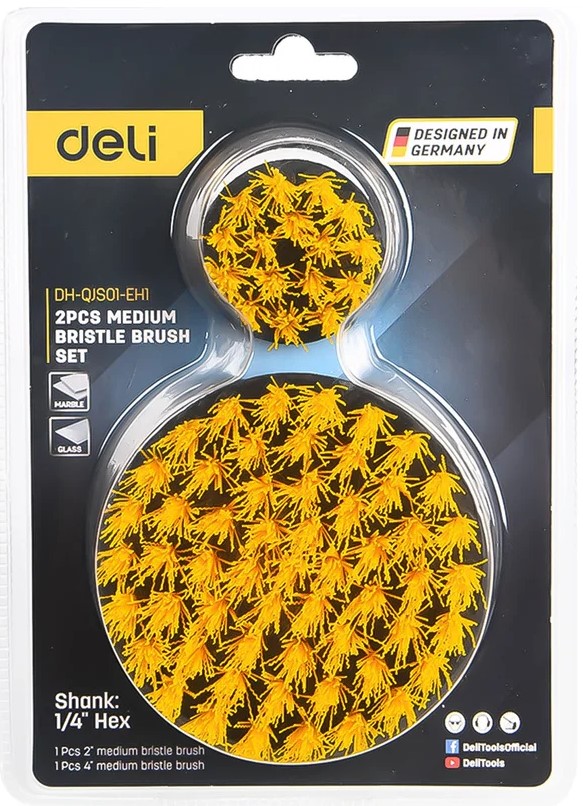 

Набор насадок Deli DH-QJS01-EH1 щеток из нейлоновой проволоки для дрели (2 предмета) хвостовик 6,35 мм (1/4" Hex), диаметр щеток 50мм, 100мм, DH-QJS01-EH1