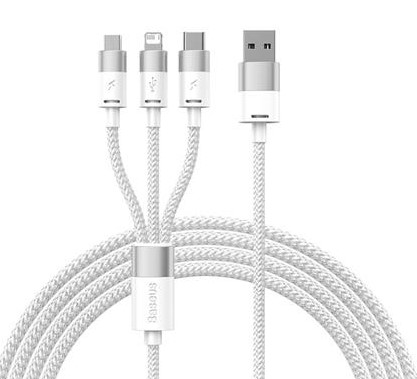 

Кабель Baseus StarSpeed 1-for-3 CAXS000002 USB to M+L+C 3.5A 1.2m White, StarSpeed 1-for-3
