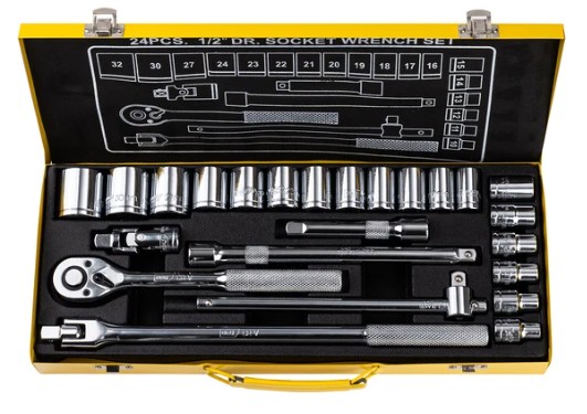 

Набор Deli DL2024T торцевых головок и ключей 24 предмета 1/2", материал 50BV30, комплектация: торцевые головки (10,11,12,13,14,15,16,17,18,19,20,21,22, DL2024T