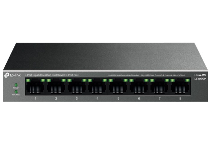 

Коммутатор TP-LINK LS108GP настольный с 8 гигабитными портами PoE+, LS108GP