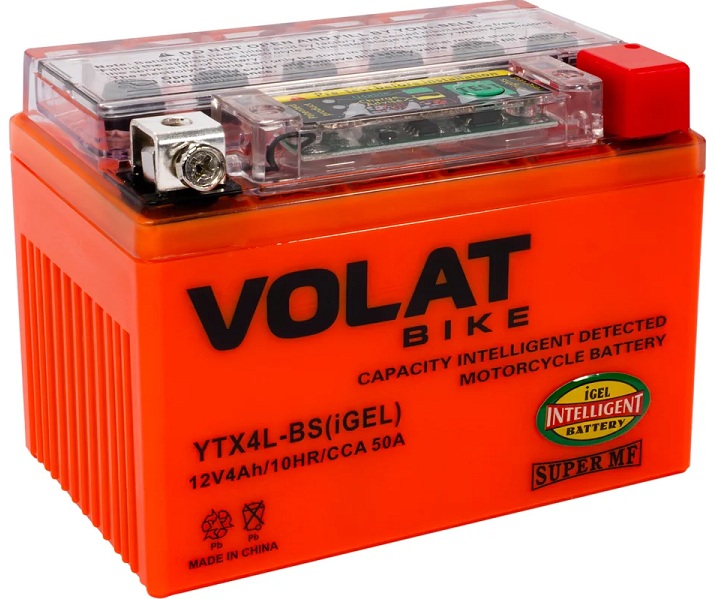 

Батарея VOLAT YTX4L-BS(iGEL)Volat (4 Ач, 12 V) Обратная, R+ 113х70х86 (для мототехники), YTX4L-BS(iGEL)Volat