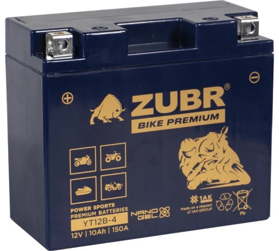 

Батарея ZUBR YT12B-4 (ZubrPrem) (10 Ач, 12 V) Прямая, L+ 150x69x130 (для мототехники), YT12B-4 (ZubrPrem)