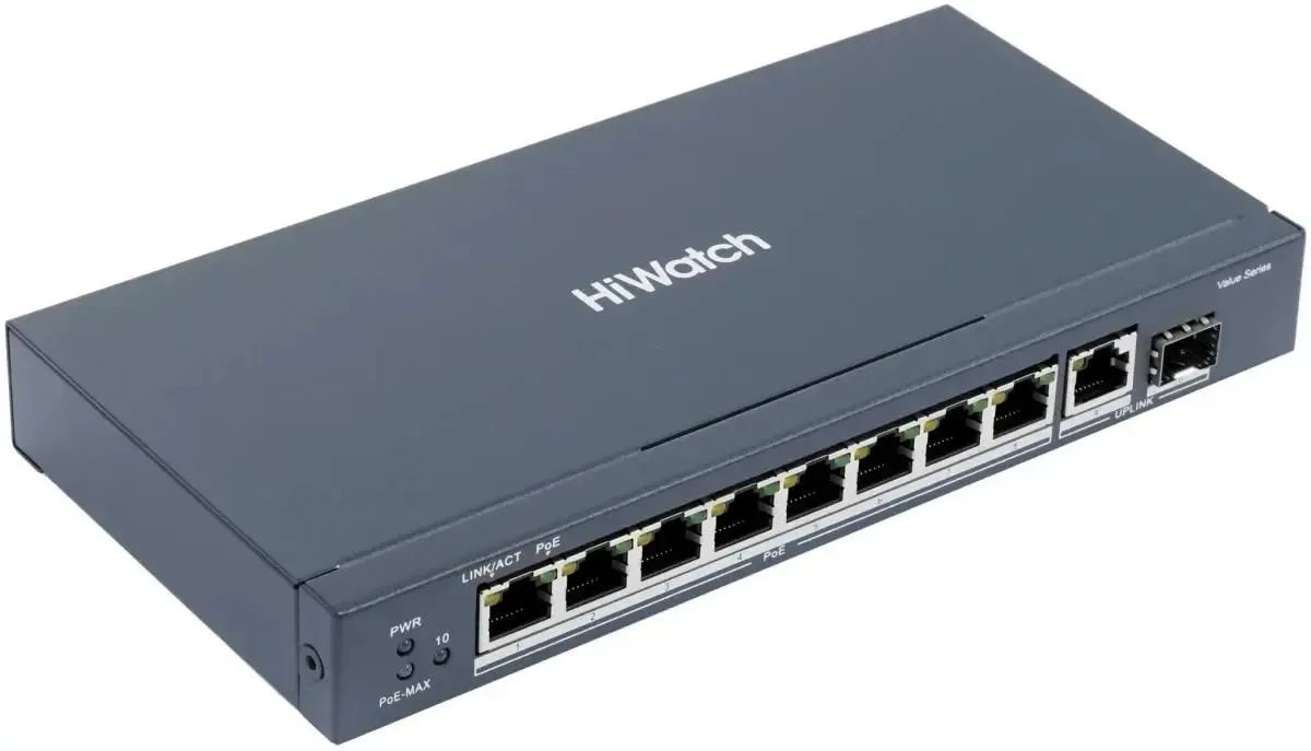 

Коммутатор HiWatch DS-S1008GP сетевой неуправляемый 8 RJ45 1000M PoE портов, 1 Uplink порт 1000М Ethernet, DS-S1008GP
