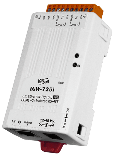 

Преобразователь ICP DAS tGW-725i CR Tiny Modbus/TCP to RTU/ASCII Gateway with PoE and 2 Isolated RS-485 Ports (RoHS), tGW-725i CR