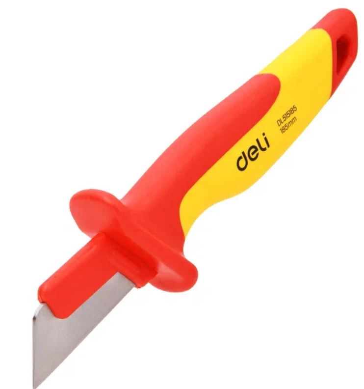 

Нож Deli DL515185 электрика диэлектрический прямой 155мм, нержавеющая сталь, сертификат VDE для работ под напряжением до 1000 В, чехол для режущей час, DL515185
