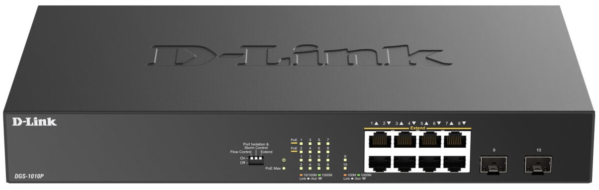

Коммутатор D-link DGS-1010P/B1A конфигурируемый 8x10/100/1000Base-T PoE (PoE-бюджет 125Вт), 2x1000Base-X SFP и DIP-переключателем, DGS-1010P/B1A