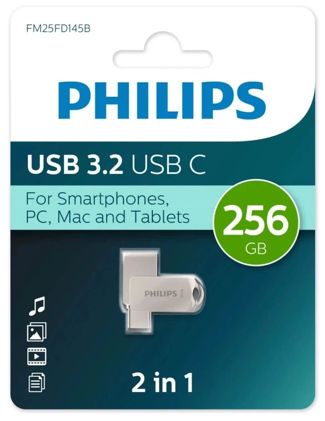

Накопитель USB 3.2 256GB Philips FM25FD145B/97 Type-C, металл, 100MB/s, FM25FD145B/97