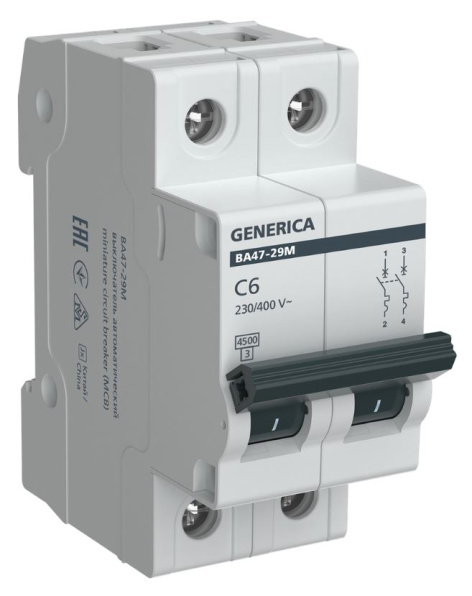 Изображение товара Автомат GENERICA MVA21-2-006-C-G, 6A, 400V, IP20, 2P