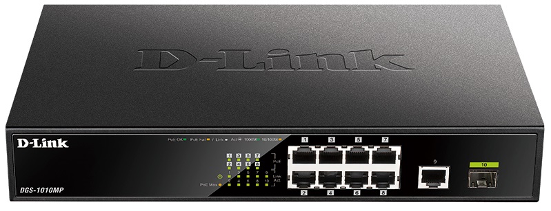 

Коммутатор PoE D-link DGS-1010MP/A1A 9x10/100/1000Base-T (8 портов с поддержкой PoE), 1x1000Base-X SFP, функцией энергосбережения и поддержкой QoS, DGS-1010MP/A1A