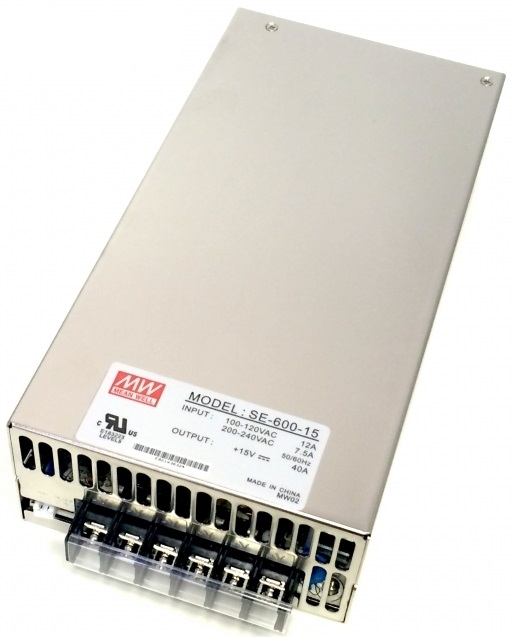 

Преобразователь AC-DC сетевой Mean Well SE-600-15 P вых: 600Вт, вход 180...264VAC, 47...63Гц / 254...370VDC, , выход 15В/0…40A, рег. вых=-5+10%Uном, и, SE-600-15