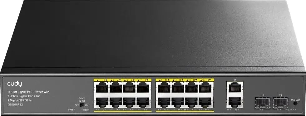 

Коммутатор неуправляемый Cudy GS1018PS2 16-10/100/1000 BASE-T Gigabit ports, 2-Port 10/100/1000 BASE-T Gigabit Uplink ports, 2-1000 BASE-X SFP Slot, 1, GS1018PS2