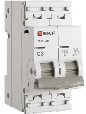 Изображение товара Автоматический выключатель EKF M636203C серия PROxima 2 полюса 3А 230В 6 кА IP20