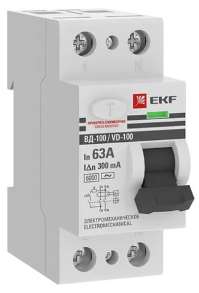 

УЗО EKF elcb-2-6-63-300-em-pro ВД-100 2P 63А 300мА тип АС электромеханический 6кА PROXIMA, elcb-2-6-63-300-em-pro