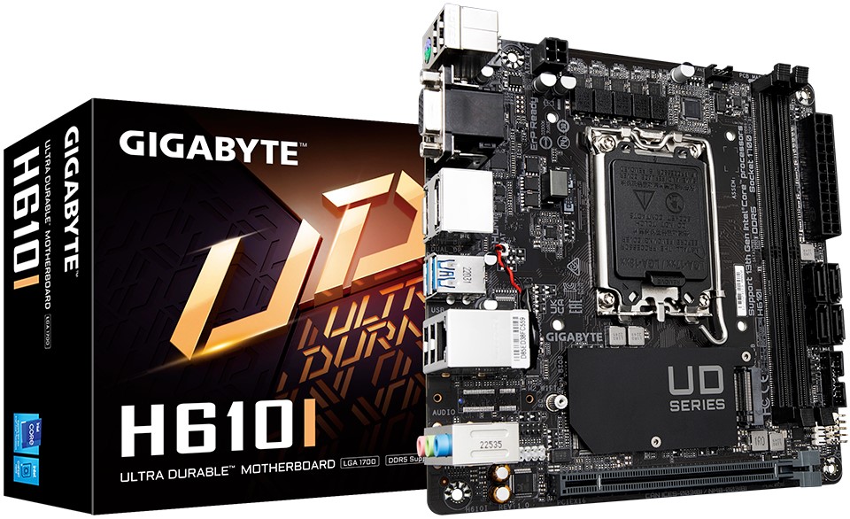 

Материнская плата mini-ITX GIGABYTE H610I (LGA1700, H610, 2*DDR5 (5600), 4*SATA 6G, M.2, PCIE, Glan, HDMI, 2*DP, D-Sub, 2*USB 3.2, 4*USB 2.0), H610I