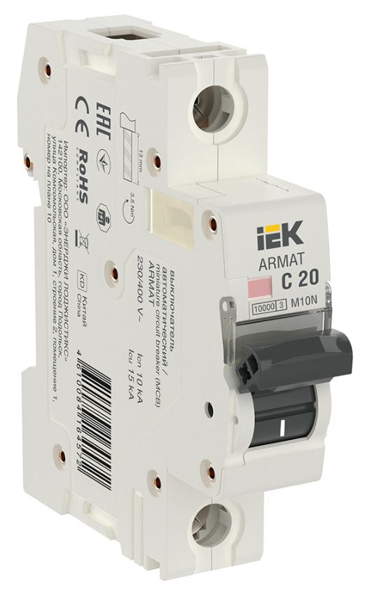 

Автоматический выключатель IEK AR-M10N-1-C020 ARMAT M10N 1P C 20А, AR-M10N-1-C020