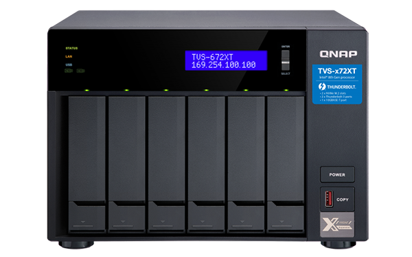 

Сетевой накопитель QNAP TVS-672XT-i3-8G 6 отсеков 3,5"/2,5", 2хM.2, 10 GbE BASE-T, 2хThunderbolt 3. i3-8100T 3,1 ГГц, 8 ГБ DDR4, TVS-672XT-i3-8G