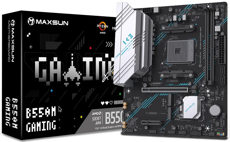 

Материнская плата mATX MAXSUN MS-B550M GAMING WIFI 6940709661901 (AM4, AMD B550, 2*DDR4, PCIe, 2*M.2, 4*USB 3.2, 6*USB 2.0, 2*SATA, DP, HDMI), MS-B550M GAMING WIFI