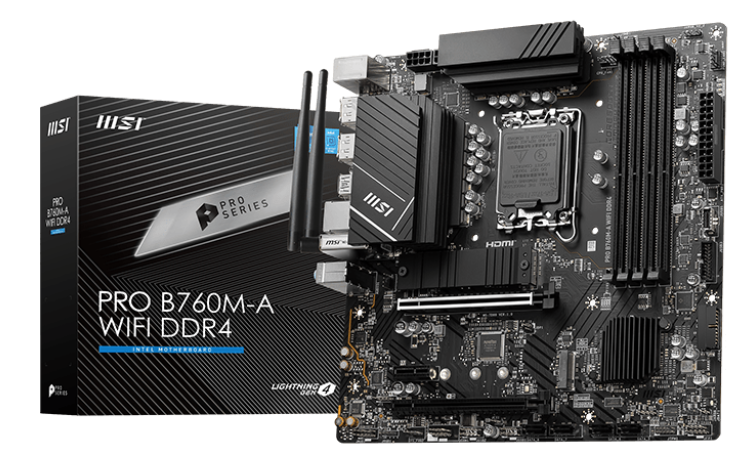 

Материнская плата mATX MSI PRO B760M-A WIFI (LGA1700, B760, 4*DDR5 (6800), 4*SATA 6G RAID, 2*M.2, 3*PCIE, 2.5Glan, WiFi, BT, 2*HDMI, 2*DP, 4*USB 3.2,, PRO B760M-A WIFI