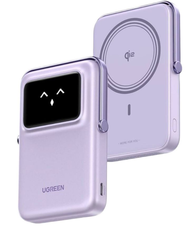 

Аккумулятор внешний UGREEN PB764 45337_ UNO 10000mAh Qi2 Mini Magnetic Wireless Robot 20W Power Bank с держателем. Цвет: фиолетовый, PB764
