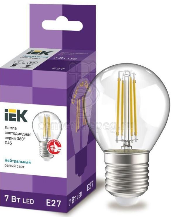 

Лампа светодиодная IEK LLF-G45-7-230-30-E27-CL филаментная G45 шар прозрачный 7Вт 230В 3000К E27 серия 360°, LLF-G45-7-230-30-E27-CL